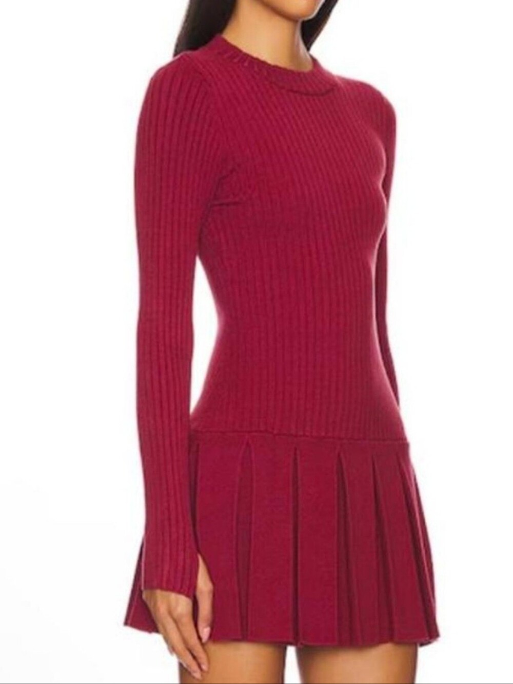 Free People Emmy Mini Dress Burgundy Ribbed Knit Drop Waist Pleats Preppy Sz S